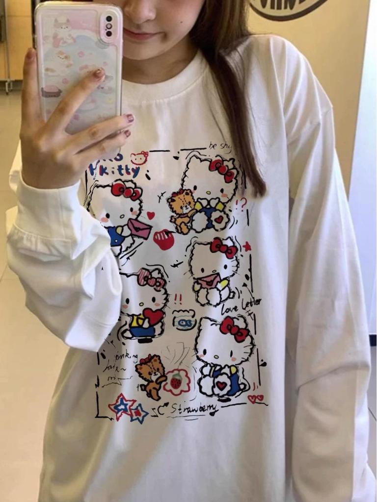 Женская приталенная футболка из чистого хлопка с принтом котенка, белая, с длинным рукавом и низом на кулиске