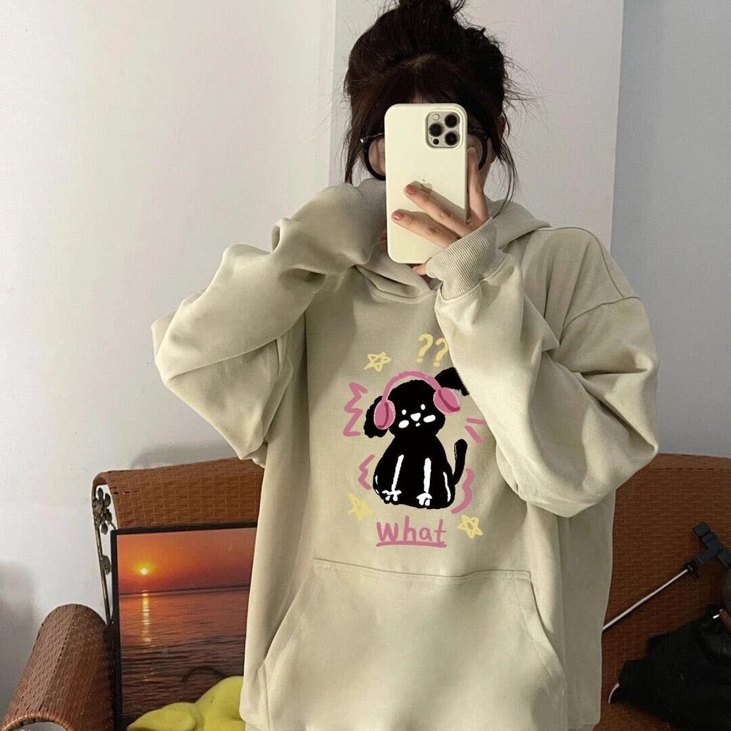 300KW cotton composite sweater for women, autumn new loose medium and long cartoon kitten print top trendy