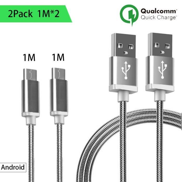 Câble Micro USB - Métal Argenté - Lot de 2 - 1M - Compatible Android - Connecteur Micro USB