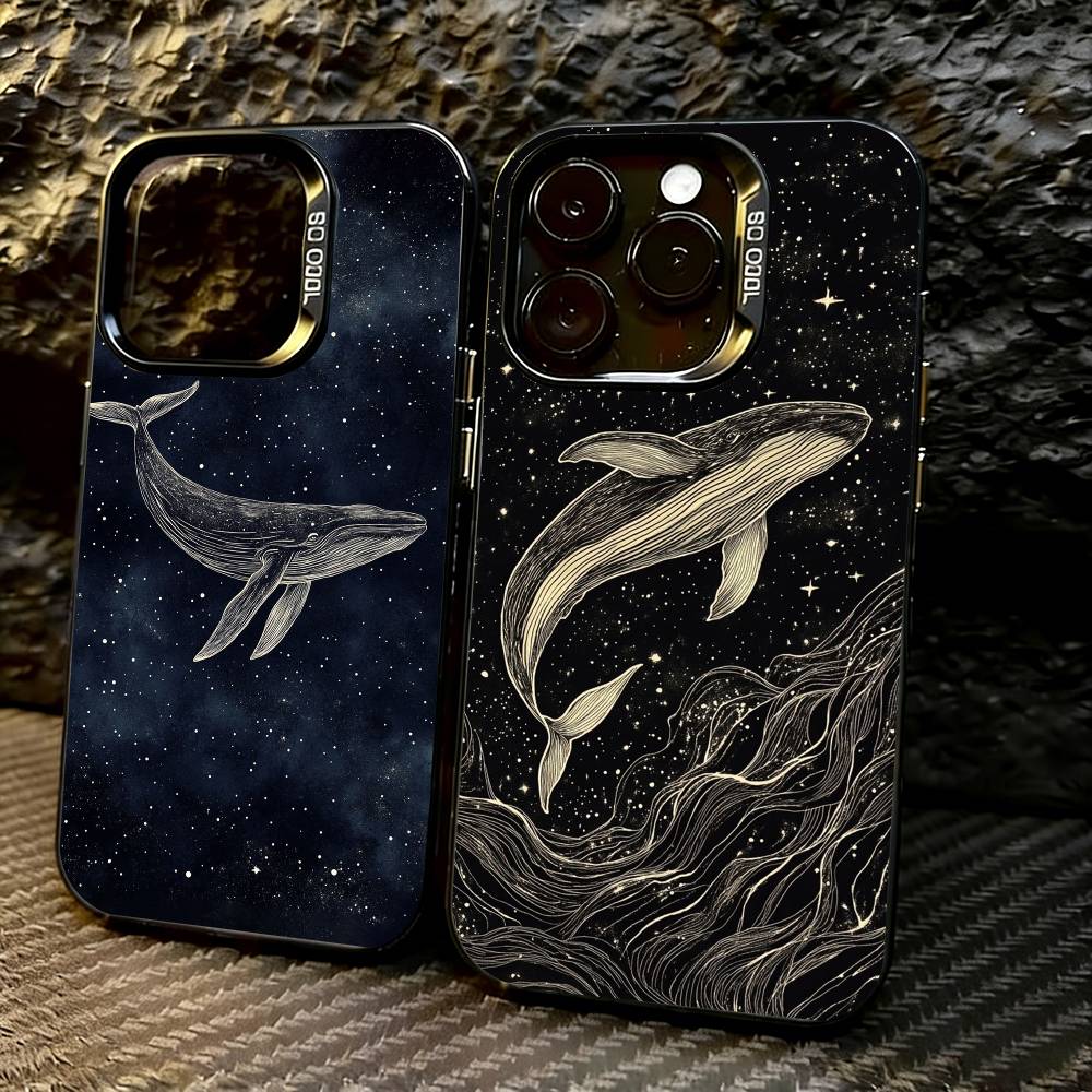 Line W-Whale Phone Case For iPhone 17,16,15,14,13,12,11 Plus,Pro Max,XS,Colored Silver Plated Inside Cover