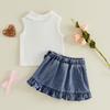 Citgeett Summer Kids Toddler Baby Girl Outfit Sleeveless Lapel Collar Solid Color Ribbed Vest Tops Denim Skirt Clothes Set