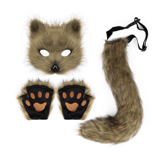 Furry Therian Costume Set for Girls Women Faux Fur Tail Plush Masque Fluffy Paw Gloves Set Fox Cat Wolf Animal Cosplay Accessories for Halloween