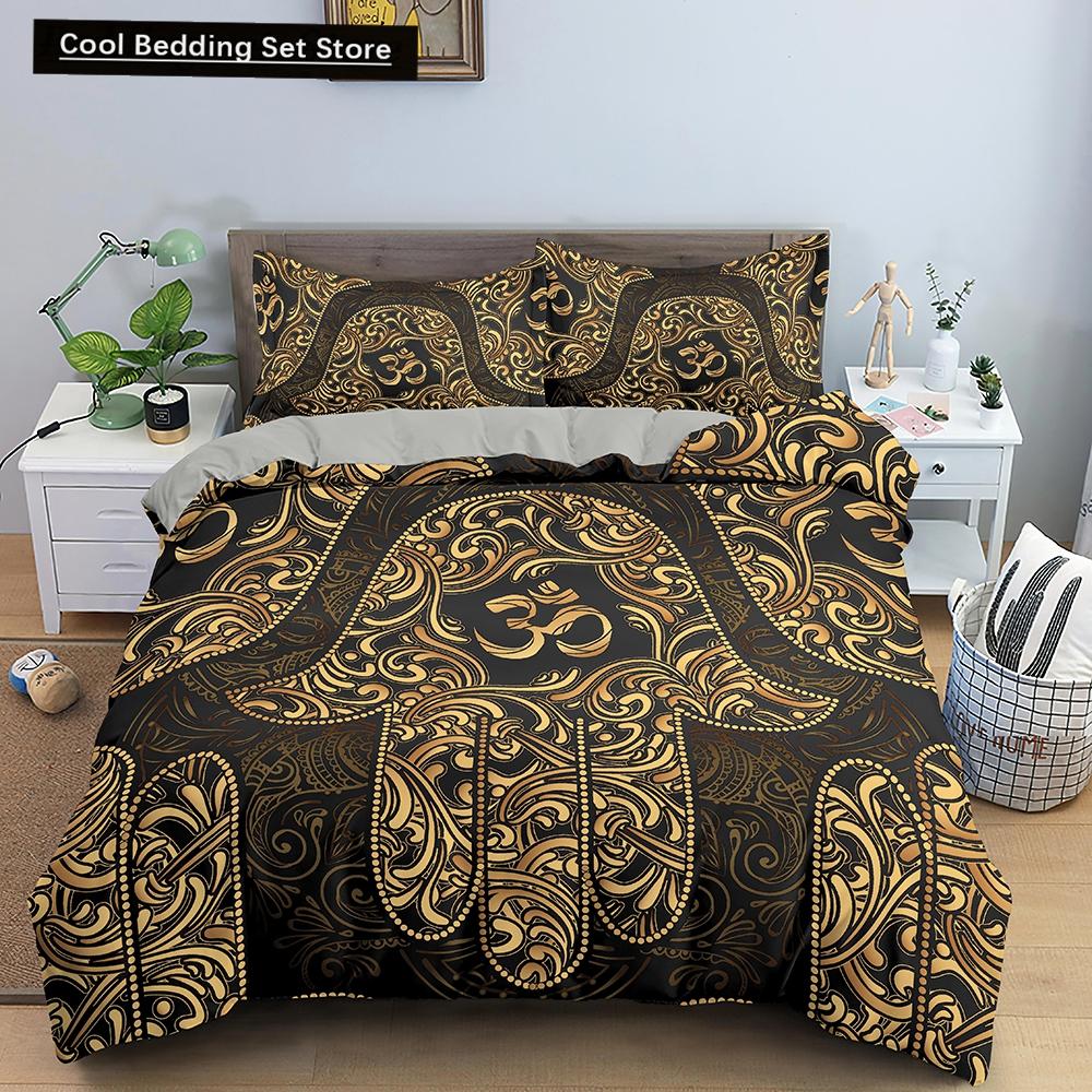 Comforter Hamsa Hand King Queen Gold Lucky Hand Of Fatima Bedding Set Black Boho Hippie Polyester Comforter