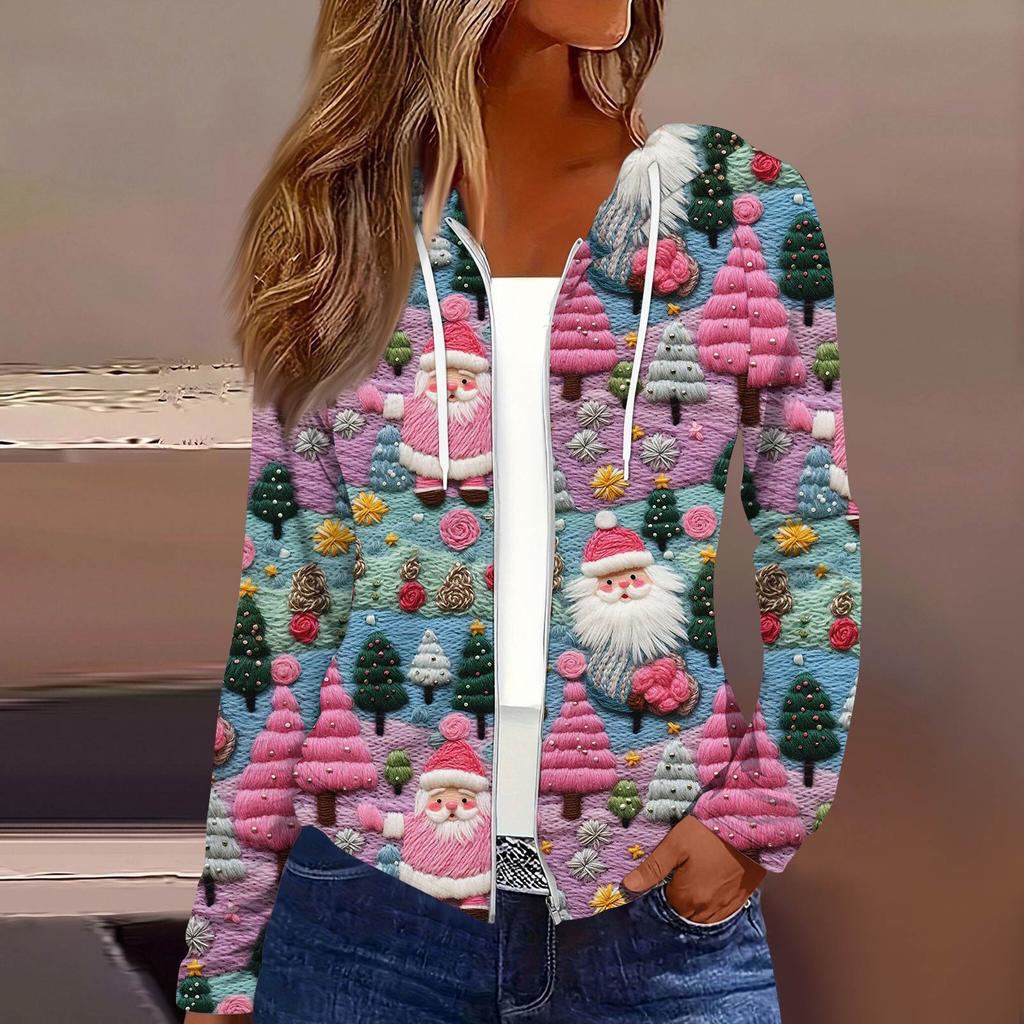 Женская модная повседневная куртка с капюшоном на молнии с рождественским принтом и длинными рукавами