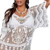 Sexy Beach Bikini Cover-up V-neck Half Sleeve Embroidery Flower Pattern See-Through Mesh Cover-up Loose Fit Ultra-thin
