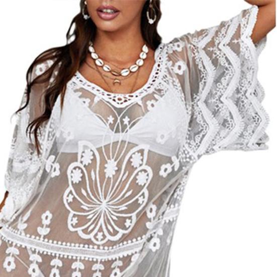 Sexy Beach Bikini Cover-up V-neck Half Sleeve Embroidery Flower Pattern See-Through Mesh Cover-up Loose Fit Ultra-thin