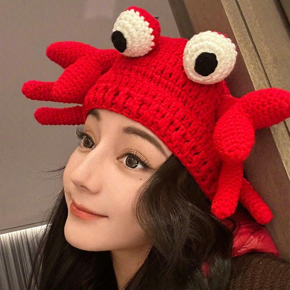 Eyes Crab Pullover Cap Knit Drawstring Hat Sweet Crab Beanies Hat Outdoor