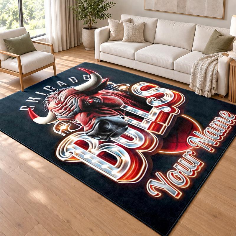 Chicago Bulls Custom Name Personalized Rug Non‑Slip Doormat Floor Carpet Housewarming Birthday Gift for Family Friends