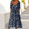 Summer Women Dress A-line Loose Hem Pleated O Neck Button Short Sleeve Loose Side Pockets Retro Floral Print Mid-calf Length Commute Beach Midi Dress