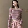 Autumn's New Retro Square-neck Rainbow Striped Knitted Sweater, Women's Long-sleeved Base Sweater, Slim Short Top