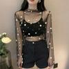 Women T Shirt See Through Transparent Mesh Tops Long Sleeve Sheer Turtleneck