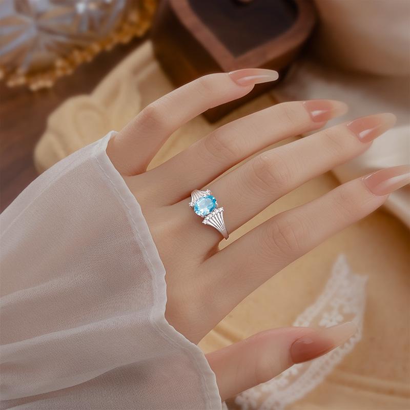 Natural crystal stone topaz ring S925 sterling silver texture brushed process niche design sense colored treasure women's ring