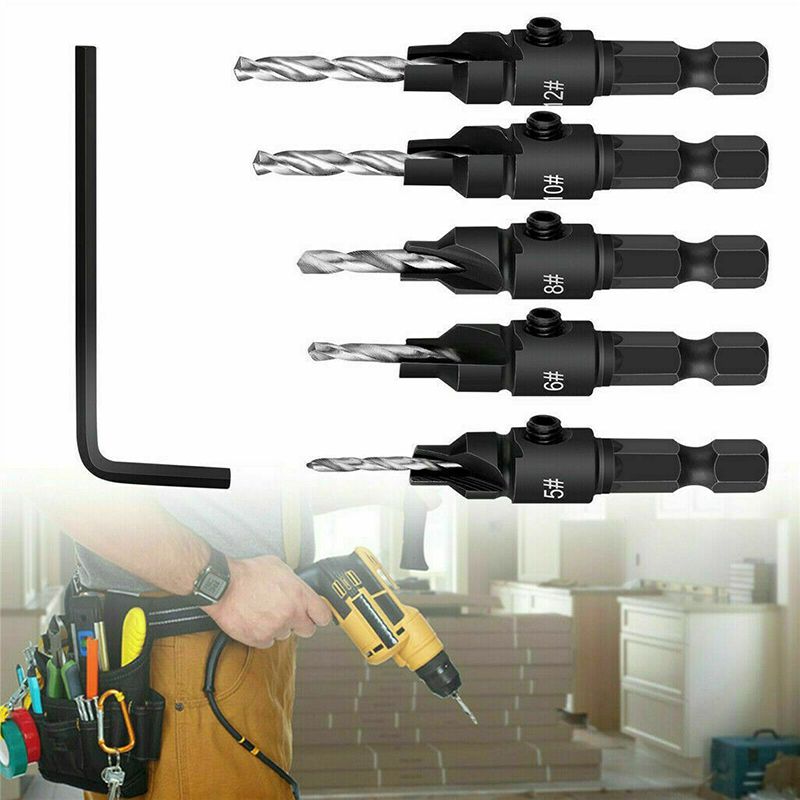 Премиальный набор из 5 регулируемых зенковочных сверл по дереву для точного сверления пилотных отверстий