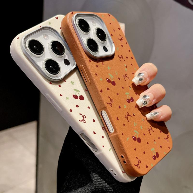 Чехол Cherry Bowknot с текстурой из кожи и тонким магнитным узором для iPhone 16 Pro Max 15 Pro 14 13 12 11 для MagSafe, противоударный, мягкий матовый чехол для телефона из ТПУ