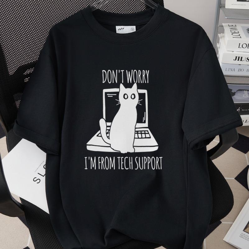 Tech Cat Short Sleeve Tshirt Black American English Cartoon Pattern Cat Casual Top Daily Versatile Commuter Home Clothes