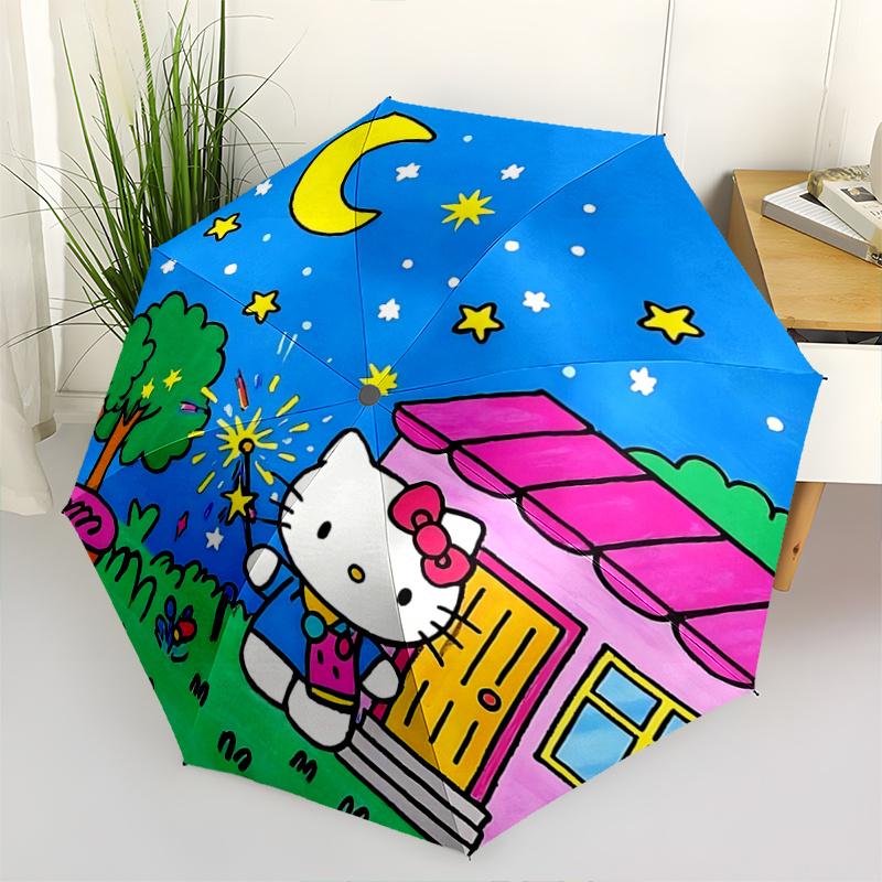 1pc Hello Kitty Night Sky Automatic Opening/Closing Umbrella - Portable Three-Fold Design with 8-Bone Iron Frame, Outdoor, Gift for Fans, Travelers, E