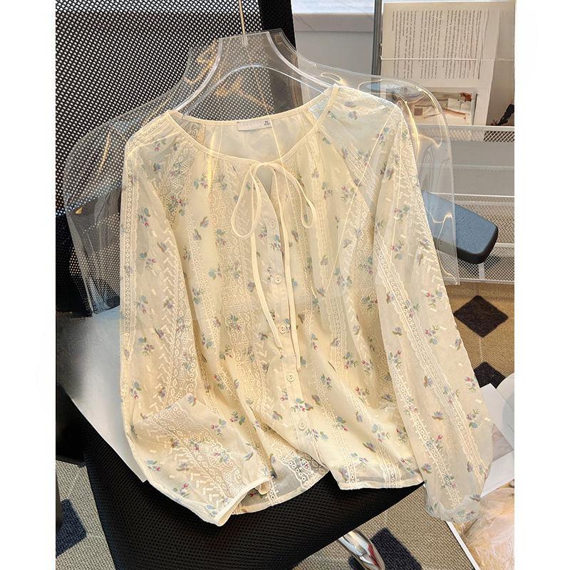 French Floral Long Sleeved Women's Round Neck Lace Up Design Tops Spring Autumn Simple Versatile Ladies Pullover