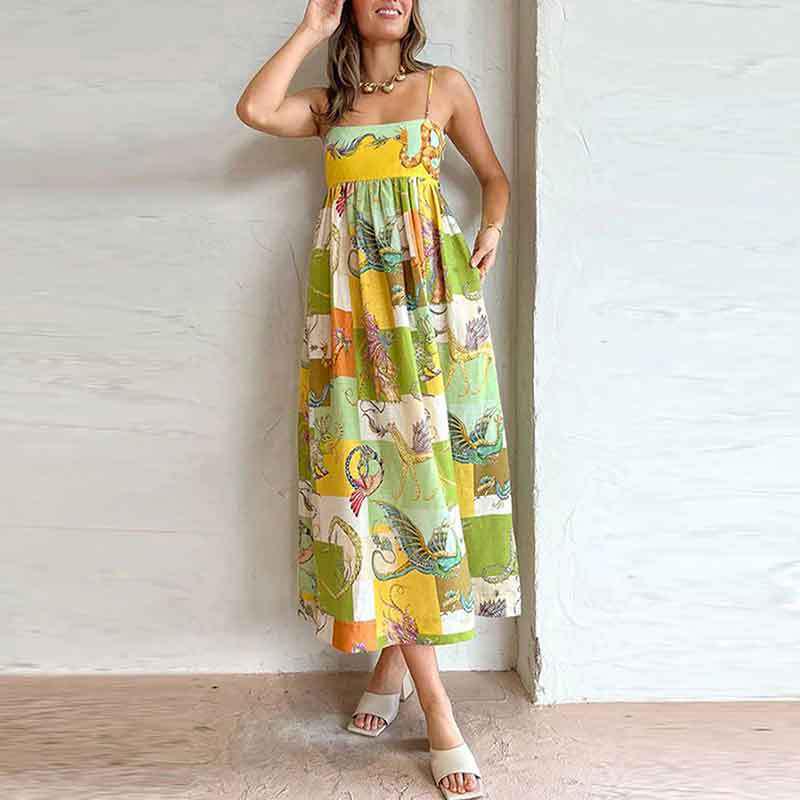 Темперамент Мода Европейский и Американский Слинг Повседневное Летнее Элегантное Женское Платье с Принтом с Высокой Талией 2025
