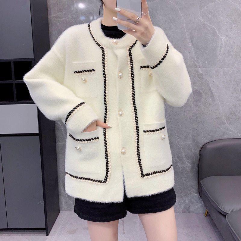 Женский oversized вязаный кардиган-свитер, пальто, зимний, короткий, свободного кроя, из искусственного меха норки, с круглым вырезом, на пуговицах