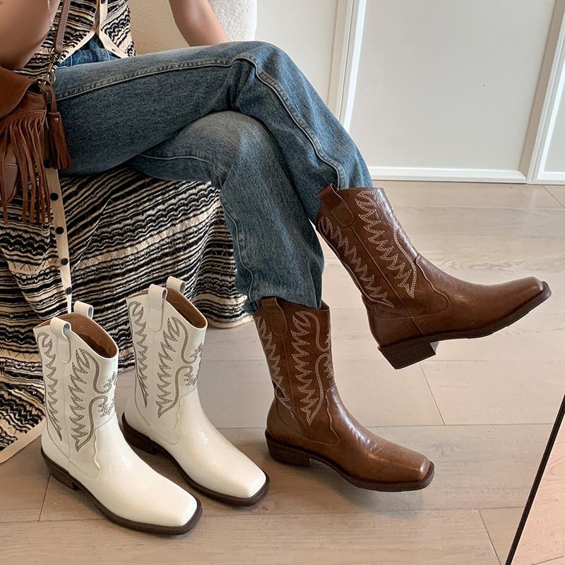 Модные женские вышитые ботильоны в стиле вестерн винтажные квадратные ботильоны на толстом каблуке модные ботильоны осень-зима новые женские ботинки до середины икры