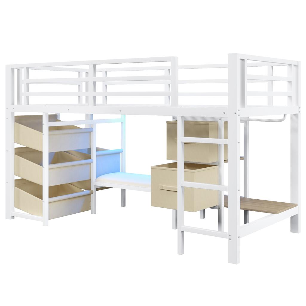 90*200 cm, half-high bed, seat cushion, fabric storage drawer, storage bag, multicolor LED lighting, clothes hook, metal, without mattress, white