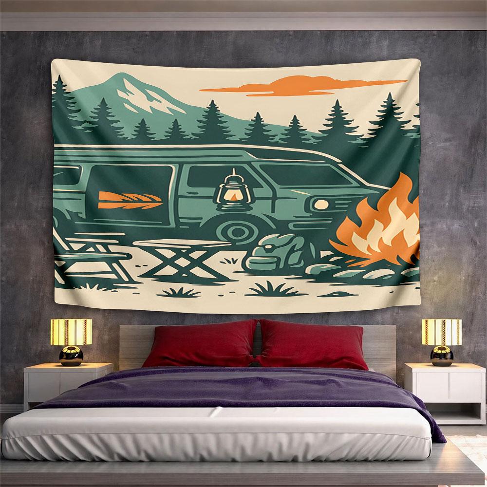"Camping Van with Campfire Scene" Pattern Wall Hanging Tapestry Decorative Tapestry Home Decor for Bedroom and Living Room