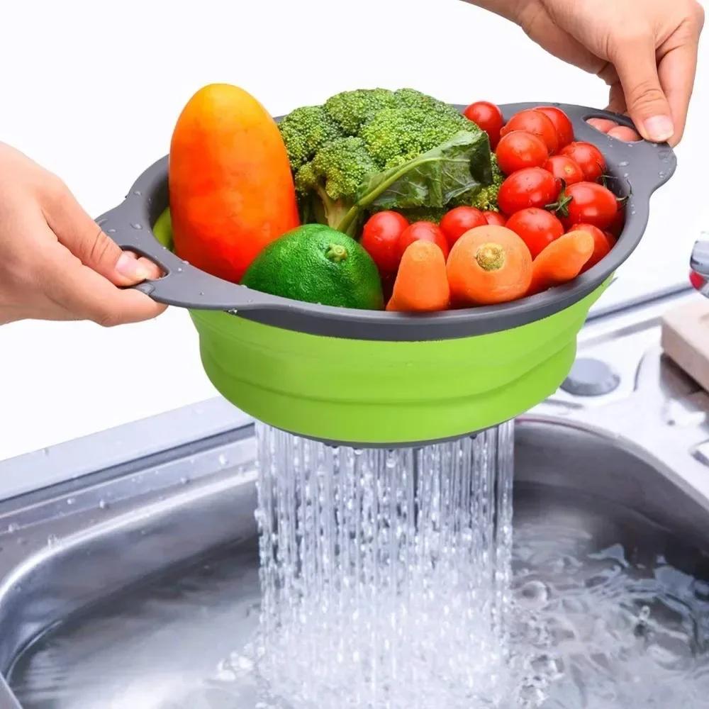 Round Folding Colander Vegetable Fruits Washing Drain Basket Kitchen Gadgets Water Filter Net Silicone Colander Strainer Tools