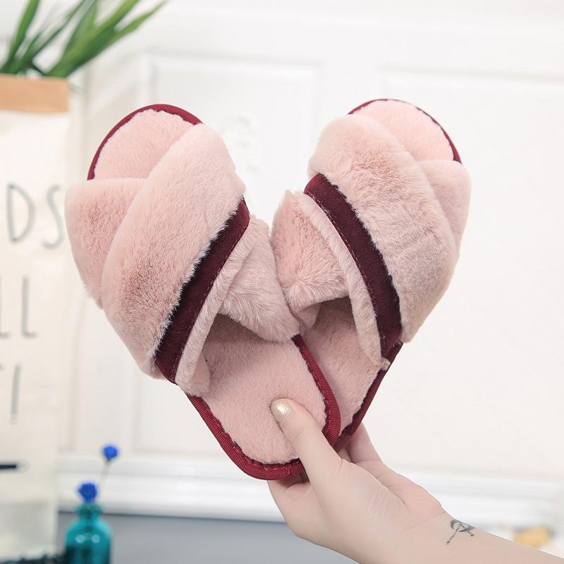 Women Autumn Winter The New Korean Version of The Cross-haired Slippers Indoor Plush Floor Drag Open-toed One-word Slippers