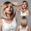 Short Straight Brown Blonde Ombre Wig Synthetic Bob Wig with Bangs Cosplay Party Daily Natural Hair for Women Heat Resistant