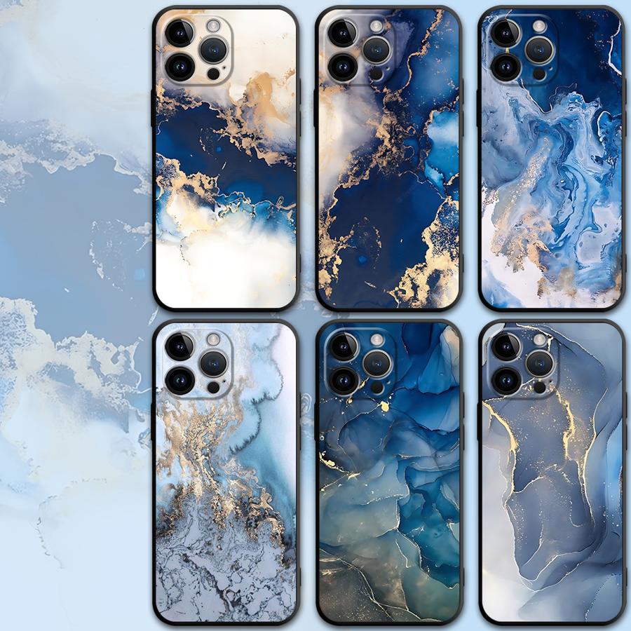 Fashion Marble Blue Case for iPhone 16 15Pro 12 13 14 11 Pro Max XR 7 8 SE XS MAX 12Mini 16 Plus 14Pro 13Pro Phone Cover Capa