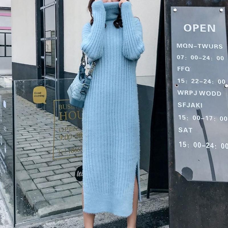 Autumn and Winter New Imitation Mink Turtleneck Pullover Fashion Temperament Knitted Bottoming Skirt Long Split Dress Women