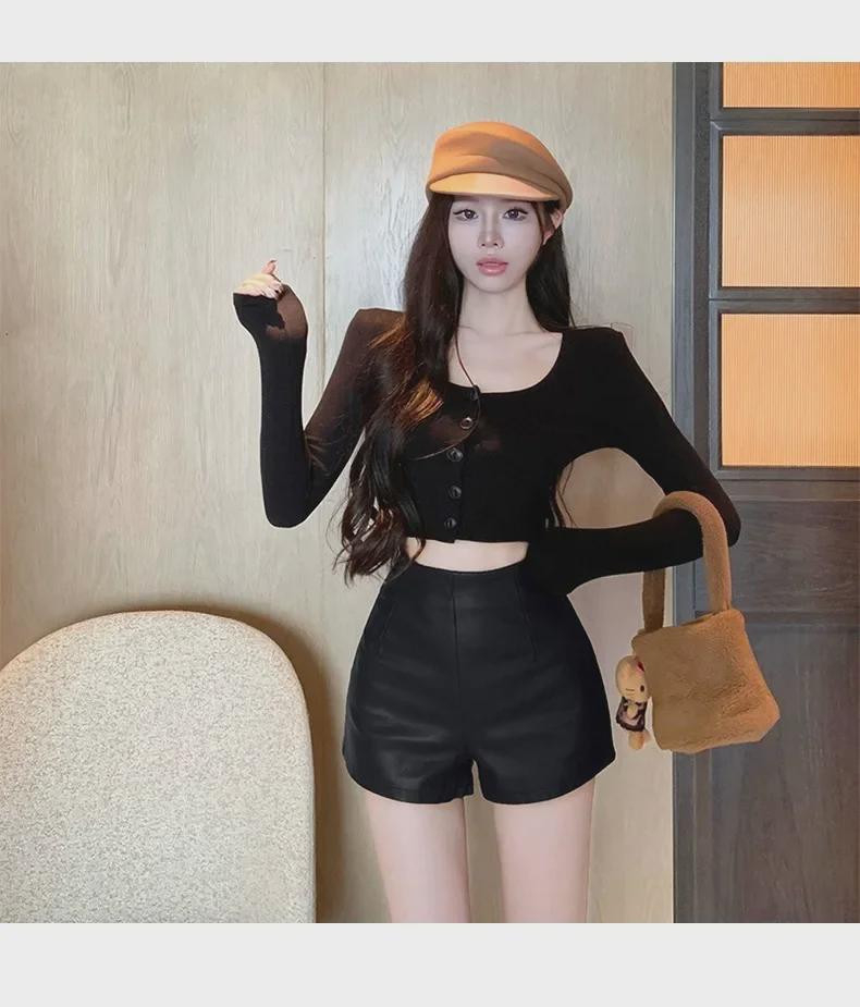 Женские шорты А-силуэта из черной кожи с высокой талией 2023 года 