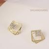 Crystal Inlay Three Layers Square Stud Earrings for Women Korean Hollow Geometric Jewelry Simple Earing