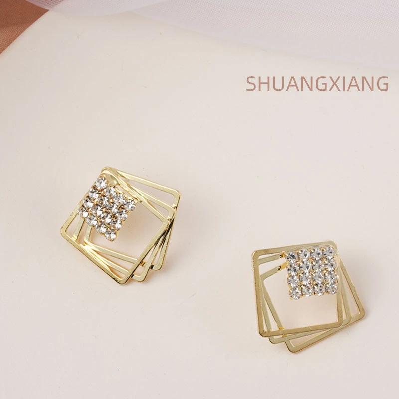 Crystal Inlay Three Layers Square Stud Earrings for Women Korean Hollow Geometric Jewelry Simple Earing