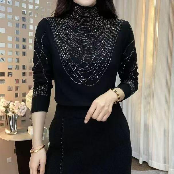 Модный приталенный женский топ с длинным рукавом и полувысоким воротником на осень/зиму