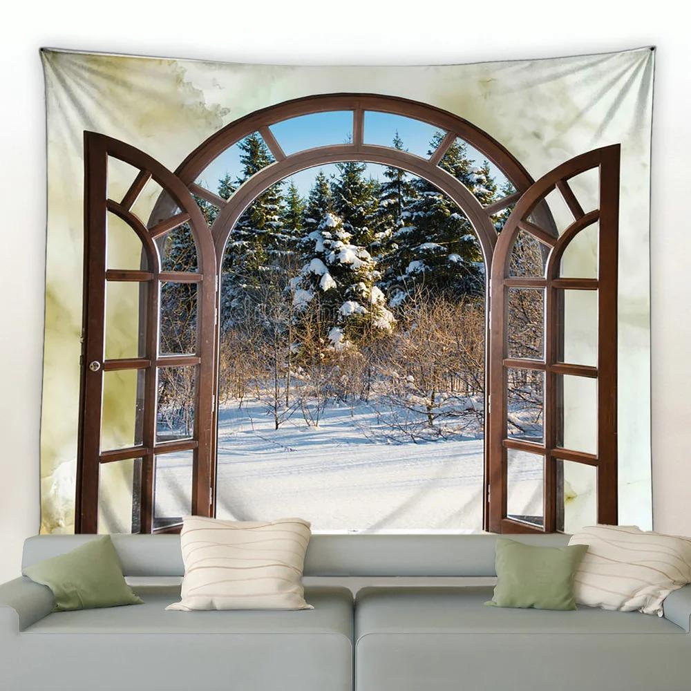 Окно Снаружи Снежинка Лес Гобелен Зимний Пейзаж Гобелены Настенное Панно Домашний Художественный Декор Плед для Спальни Гостиной