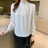 Elegant Solid Office Ladies Satin Casual Shirt Women Long Sleeve Tops Stand Collar Beading White Blouses Women Korean Style Slim Simple Blouse 26070