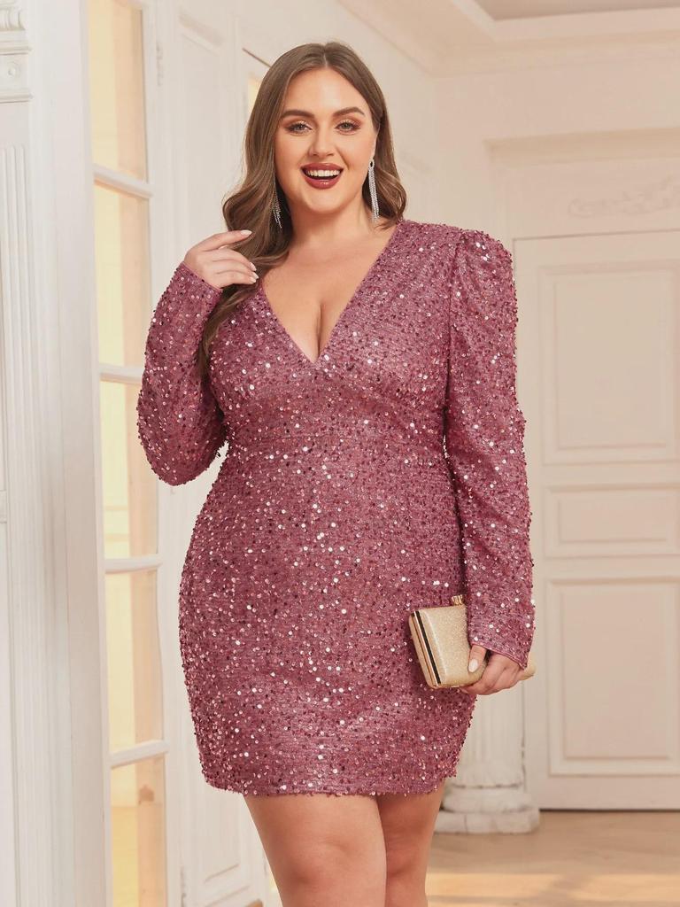 2025 Starry Sky Sequin V-образный вырез с рукавами-фонариками на Рождество вечернее платье