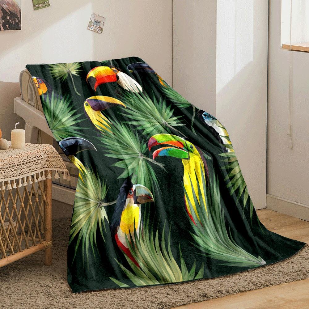Colorful toucans and green palm leaves on a dark background. for all seasons blanket lunch break throw gift