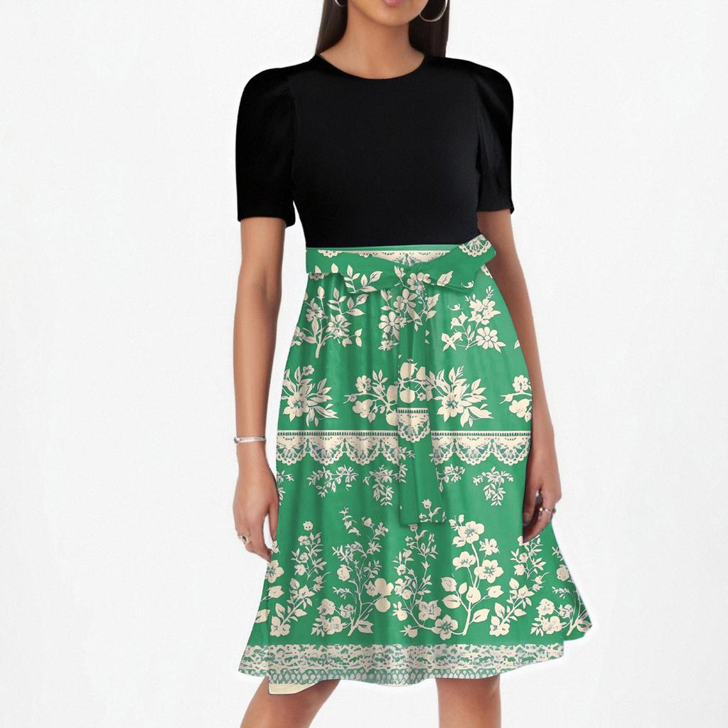 Women's Fashionable Casual Belt Short Sleeved Round Neck Printed Patchwork Dress