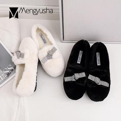 Модные женские мокасины с кристаллами и мехом, зимние мокасины с бантом, теплые туфли на плоской подошве с круглым носком, криперы, плюшевые, удобные, меховые, хлопковые туфли для женщин