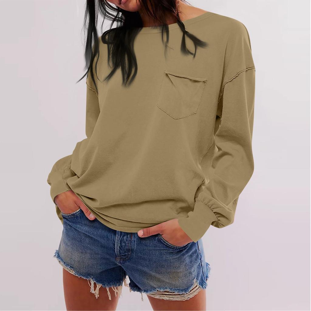 Женская модная однотонная свободная футболка с круглым вырезом и длинными рукавами и карманами