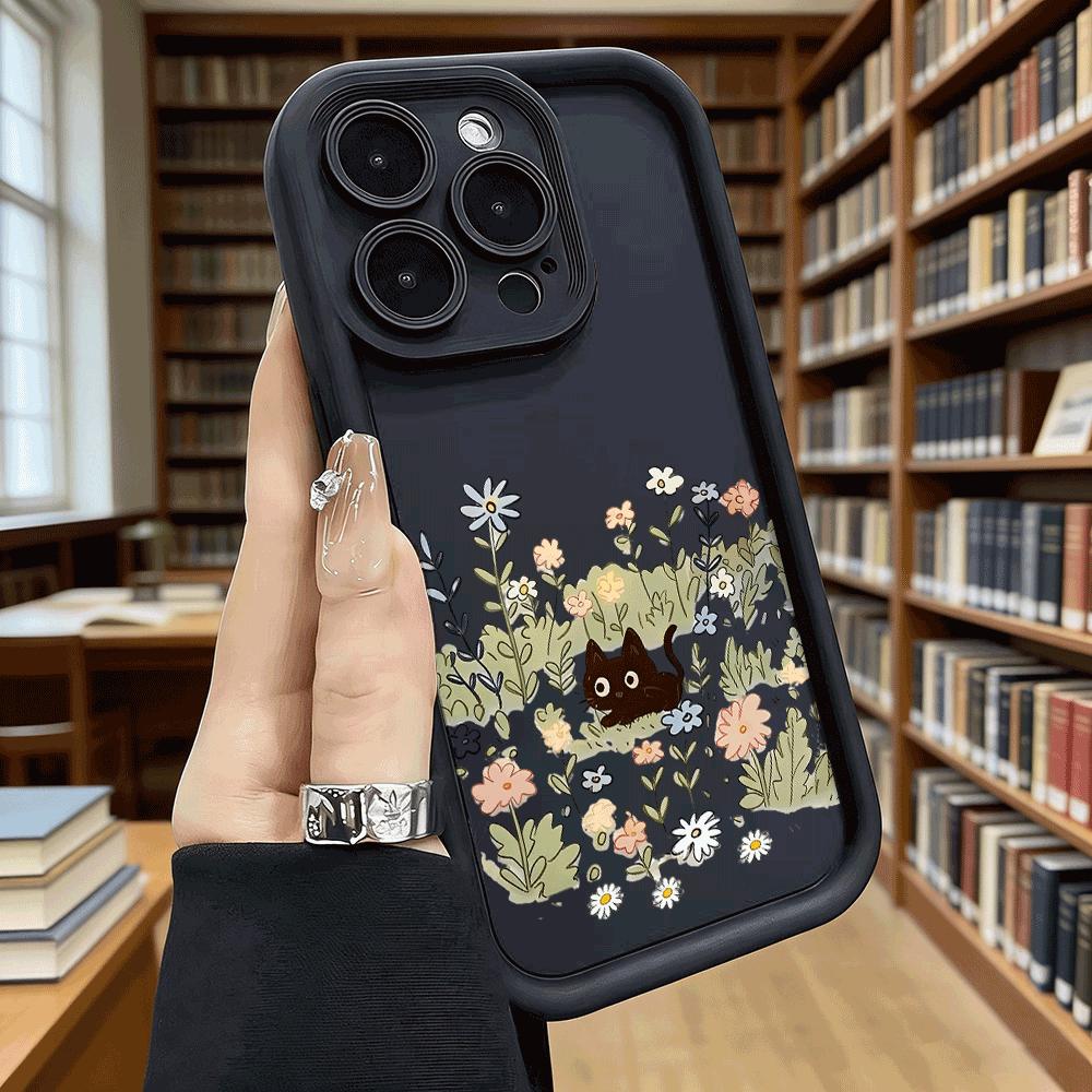 Cute Black Cat in Flower Field Soft TPU Shockproof Case For Xiaomi Redmi Note 15 14 13 12 11 Pro Anti-Fall Protective Back Cover