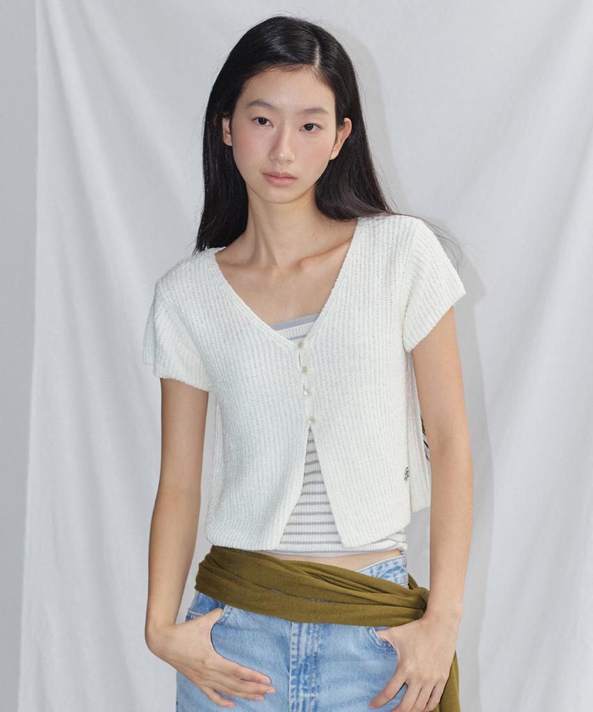 CITYBREEZE V-Neck Short Sleeve Knit Cardigan Set_White