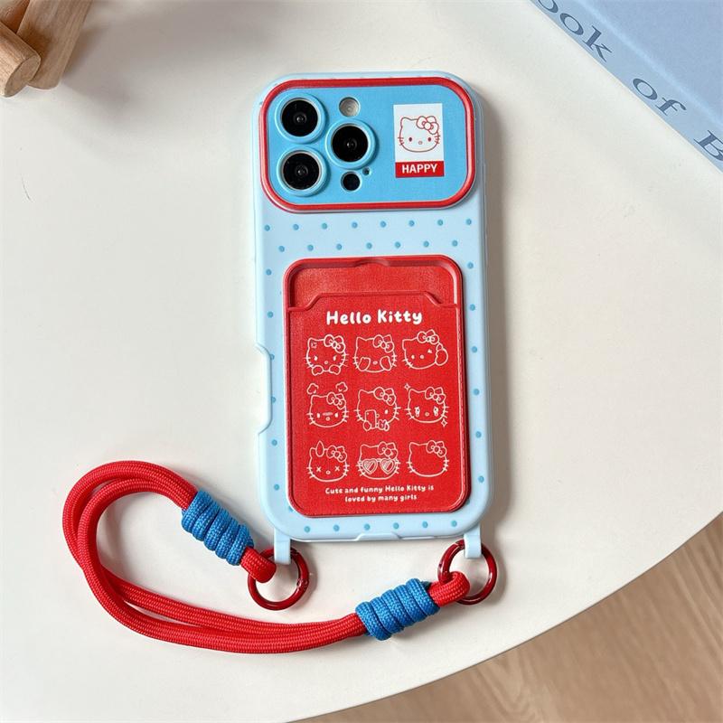 Стильный чехол для телефона Hello Kitty с держателем для карт, подходящий для iPhone 17 Pro, 16, 15, 14 Pro Max, с ручкой и веревочкой, противоударный.