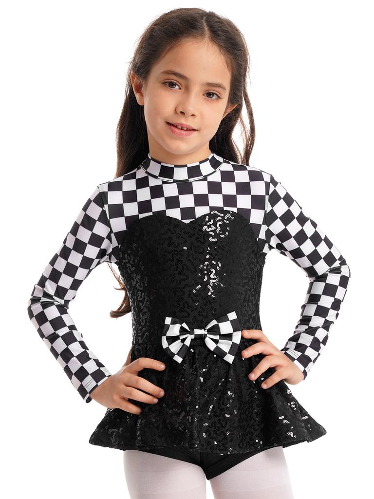 Kids Girls Racer Costume Long Sleeve Sequin Bowknot Keyhole Back Bodysuit for Halloween Cosplay Dress Up Performance