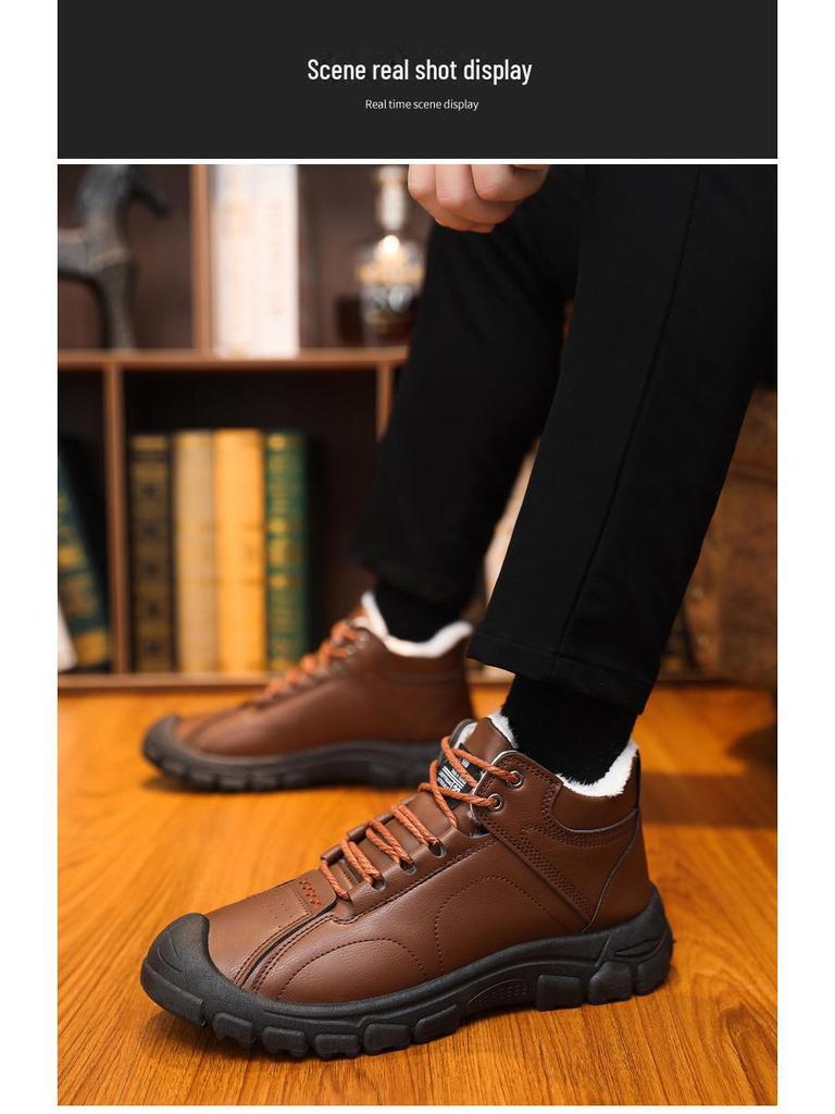 Men's Snow Boots: Autumn/Winter Cotton, Outdoor Sports, Velvet-Lined, Thick Casual Mid-Cut Leather Shoes