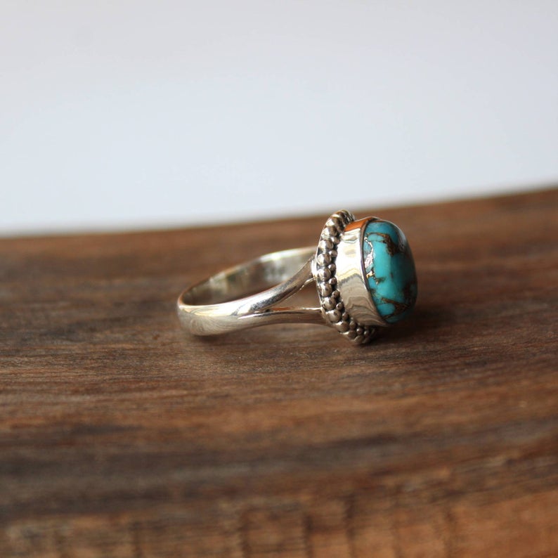 Кольцо из синей меди с бирюзой, кольцо из стерлингового серебра 925 пробы, богемное кольцо, эффектное кольцо-обещание, кольцо с драгоценным камнем, подарок на день святого Валентина,