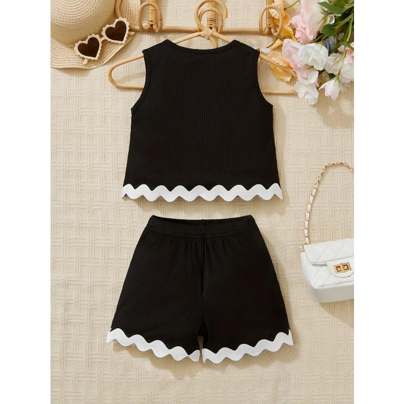 Ins Girls' Summer Outfit Set Young Girls' Vacation Style Solid Color Lace Vest Shorts Set