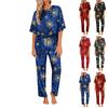 Ayollar uchun muz ipakli satin Rojdestvo printli pajama to'plami, qisqa yengli ko'ylak va uzun pajama shimlari to'plami, yumshoq uy kiyimi